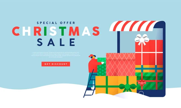 Christmas Sale Web Template Illustration Festive Holiday Man Buying Gift — Stock Vector