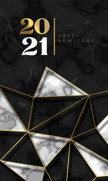 ハッピーニューイヤー2021グリーティングカードイラスト エレガントな金のアール デコ幾何学的なフレームと豪華な黒大理石の石の背景 Vipパーティー招待状 豪華なお祝いイベントデザイン — ストックベクタ