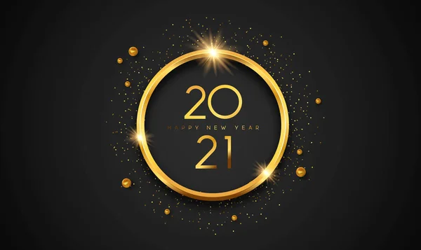 ハッピーニューイヤー2021豪華なグリーティングカードイラスト パーティーの輝きと黒の背景にカレンダー番号の日付とゴールド3Dリングフレーム エレガントなお祝いイベントデザイン — ストックベクタ