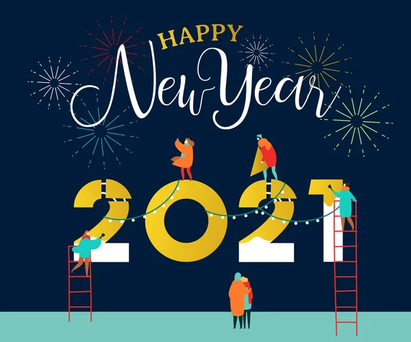 Щасливий Новий 2021 Рік Вітальна Листівка Молодих Людей Які Працюють — стоковий вектор