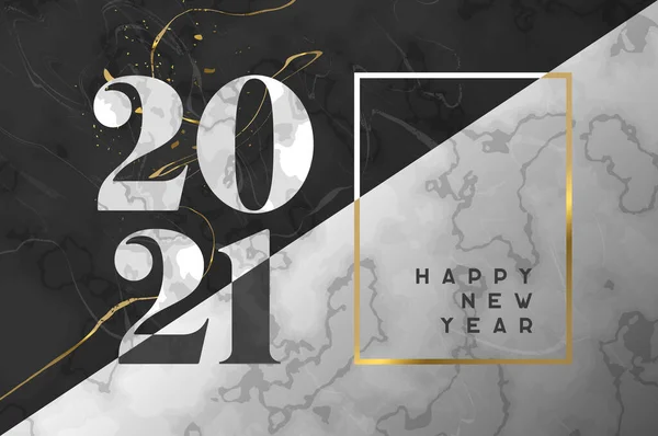愿2021年新年快乐 黑色和白色大理石质感与黄金框架 雅致的宴会请柬 印有日期的大理石光滑石料 — 图库矢量图片