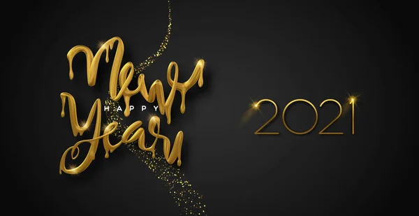 快乐的2021年新年贺卡 现实的3D黄金点滴字体标志与奢华的金色闪光黑色背景 用于宴会或庆祝活动的熔化光滑金属类型 — 图库矢量图片