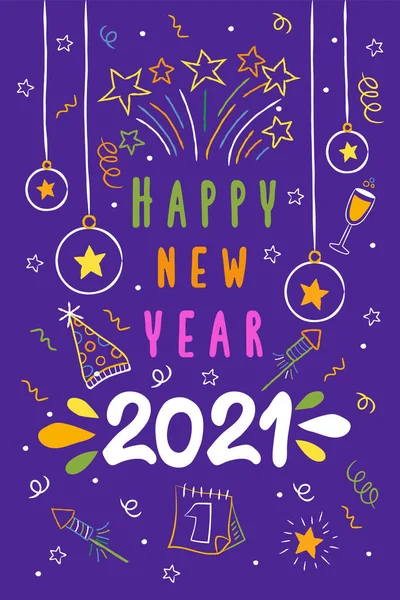 Feliz Ano Novo 2021 Ilustração Cartão Saudação Ornamento Colorido Bugiganga — Vetor de Stock