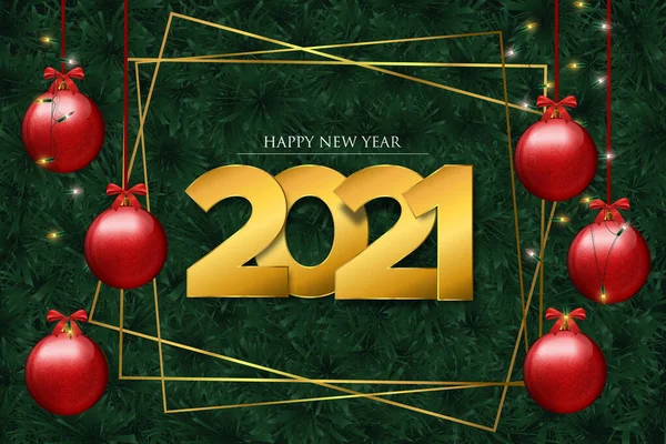 Feliz Año Nuevo 2021 Tarjeta Felicitación Con Realistas Ramas Pino — Vector de stock