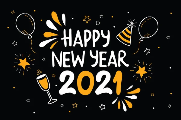 2021年新年快乐派对贺卡 为节日活动手绘卡通片涂鸦 包括金星 香槟酒 — 图库矢量图片