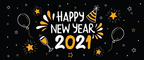 Feliz Ano Novo 2021 Festa Web Banner Doodle Desenho Animado — Vetor de Stock