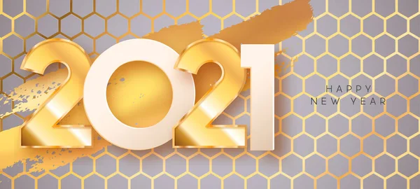 2021年新年快乐贺卡图解 真实的3D黄金数字日期标志在几何蜂窝背景与金箔纹理 豪华派对特别假日活动邀请设计 — 图库矢量图片