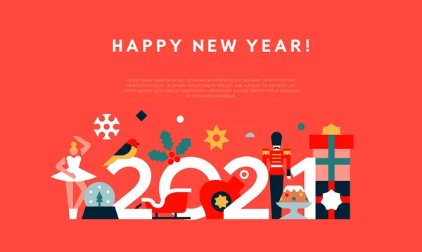 Šťastný Nový Rok 2021 Blahopřání Šablony Ilustrace Abstraktní Plochá Kreslená — Stockový vektor