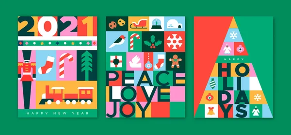 圣诞贺卡一套现代平面几何图形图标传统民间艺术风格 五彩缤纷的圣诞装饰品包括儿童玩具 礼物和冬季装饰品 — 图库矢量图片