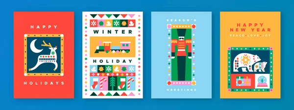 Merry Christmas Greeting Card Set Modern Flat Geometric Icons Traditional — Stock Vector