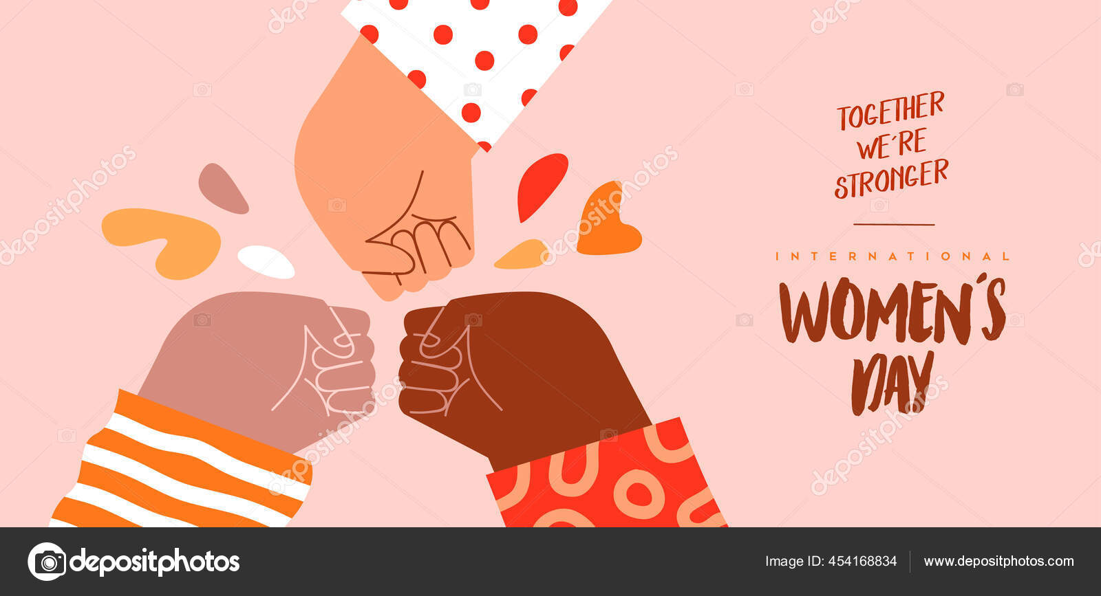 多様な女性の手の国際女性デーバナーイラスト拳バンプジェスチャーを行います 女性の権利イベントのためのより強い一緒にテキスト引用 多民族の女の子の友人グループ ストックベクター C Cienpies