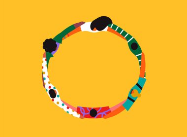 Renkli arkadaş grubu sarılma çemberi, soyut geometrik tarzda modern düz çizgi film çizimi. Çeşitli insanlar takım çalışması konsepti ya da sosyal toplum yaşam tarzı için bir araya geliyor.