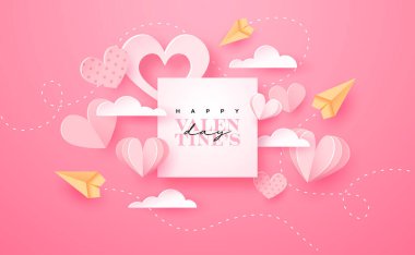 Happy Valentine's Day papercut greeting card illustration. Pink heart decoration in realistic 3d paper craft style with planes and text quote. Romantic february 14 holiday event design. clipart