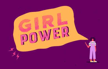 Kız Gücü tebrik kartı illüstrasyonu. Pembe el, kadın karakter karikatürlü 8 Mart kadın hakları kampanyası için grl pwr tipografi alıntısı çizdi.