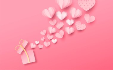 Sevgililer Günü 'nde ya da romantik randevu geçmişinde 3D kalpleri olan pembe bir hediye kutusu. Gerçekçi kağıt işi aşk patlaması tasarımı, sürpriz hediye.