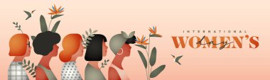 Mutlu Kadınlar Günü web sayfası illüstrasyonu. Çeşitli genç kadın grupları ve tropikal çiçek yaprağı ve kuş. 8 Mart uluslararası kadın etkinliği için modern minimalist stil tasarımı.