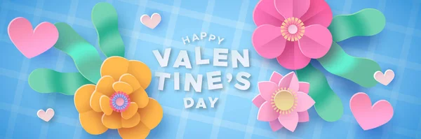 ハッピーバレンタインデーのウェブバナーイラストで3Dペーパーカットスタイル 紙工芸ピンクの花心を持つ ロマンチックな2月14日の休日のイベントデザイン 水平方向のヘッダー形式 — ストックベクタ
