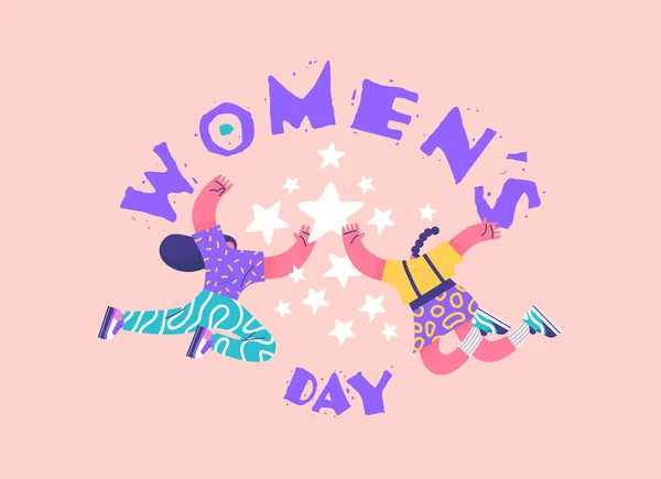 International Women Day Illustration Women Friends Doing High Five Gesture — Stock Vector