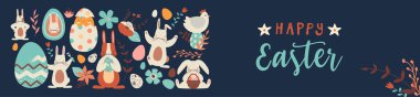 Mutlu Paskalya karikatürü web afişi bebek tavşan ve çiftlik tavuğu yumurtaları. Bahar mevsimi el çizimleri, çiçekler, halk stili süslemeler.