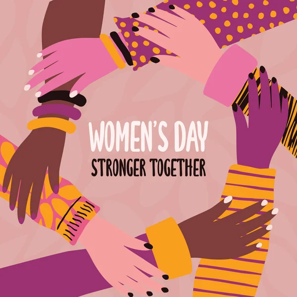 Internationale Grußkarte Für Frauen Auf Der Verschiedene Frauenhände Einander Umkreisen — Stockvektor