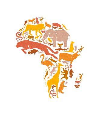 Farklı Afrika hayvan şekilleri Afrika kıtasının haritasını izole edilmiş beyaz arka planda şekillendiriyor. Vahşi yaşam konsepti veya ekoloji koruma kampanyası için Safari hayvanları silüeti çizimi.
