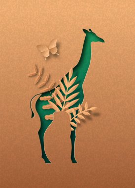 Yeşil zürafa hayvanı içinde tropik bitki yaprağı olan kağıt kesimi silueti izole etti. Afrika safarisi, vahşi yaşamı koruma veya doğal ürün tasarımı için geri dönüştürülmüş kağıt dokusu kesme konsepti. 
