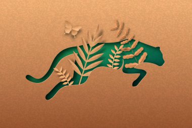 Yeşil çita atlama, içinde tropik bitki yaprağı olan izole edilmiş hayvan kağıdı. Afrika safarisi için geri dönüştürülmüş kağıt dokusu kesme konsepti, büyük kedi vahşi yaşamı koruma veya doğal ürün tasarımı. 