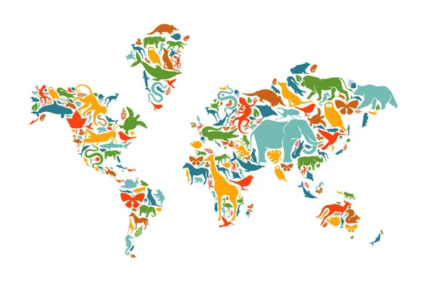 Formes Animales Diverses Faisant Forme Carte Monde Sur Fond Blanc — Image vectorielle