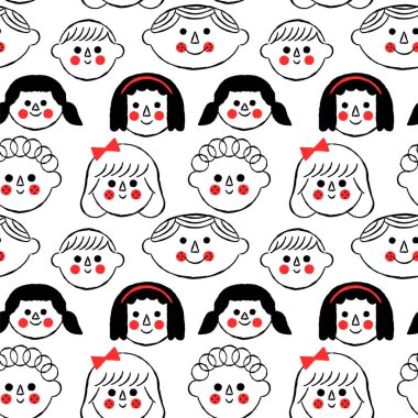 Komik çocuklar çizgi filmlerde çeşitli erkek ve kız karakterlerinin yüzlerini çizerler. Çocuk eğitimi konsepti için çocuksu el çizimi kalem arka planı.