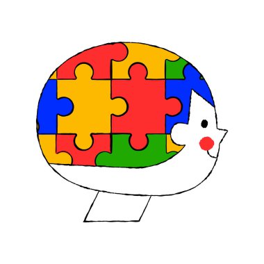 Küçük çocuk kafası çocuk çizgi filmlerindeki gibi renkli yapboz parçalarından yapılmış. İzole edilmiş beyaz arka planda el çizimi çocuk karakteri. Çocuk eğitimi ya da psikoloji kavramı.