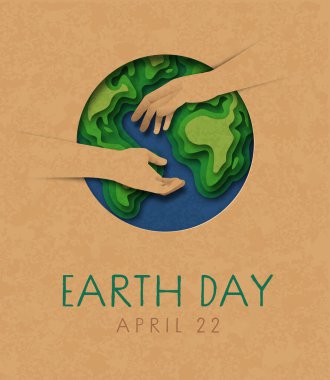 Dünya Günü tebrik kartı illüstrasyonunda kağıt kesiği yeşil gezegen haritasına yardım eden iki kişi görülüyor. 22 Nisan uluslararası tatil etkinliği için doğa yardım ekibi konsepti.