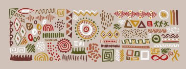 Geleneksel el çizimi tarzında renkli Afrika sanat koleksiyonu. Etnik Afrika kültürü seti ve izole edilmiş arka plana hayvan baskısı karalamaları..