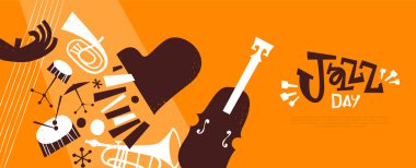 30 Nisan Jazz Day web sitesinde komik müzik enstrümanlarının tasviri. Trompet, saksafon, piyano ve davul içerir..