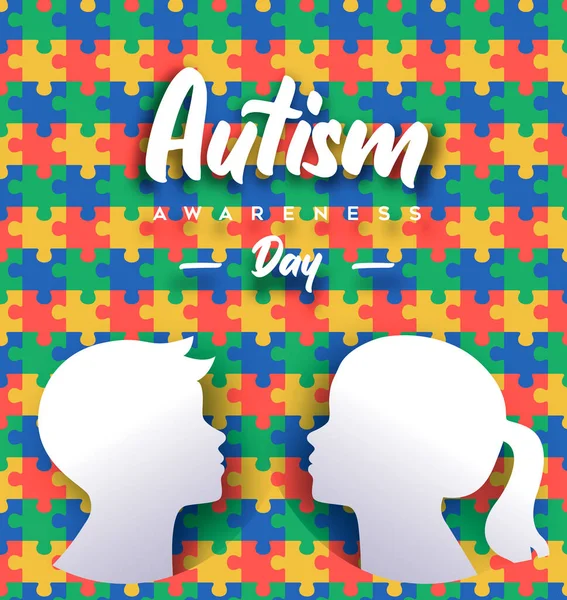 Autism Awareness Day Greeting Card Illustration Children Paper Cut Style — Stock Vector