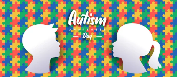 Autism Awareness Day Banner Illustration Boy Girl Children Paper Cut — Stock Vector