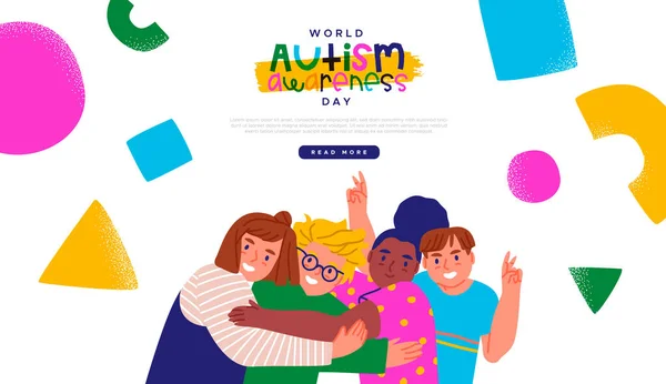 World Autism Awareness Day Plantilla Web Ilustración Niños Lindos Amigos — Vector de stock