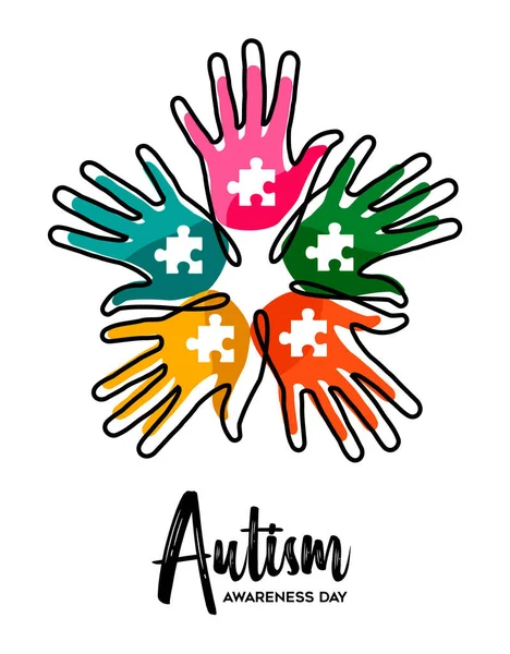 Autyzm Świadomość Dzień Kartka Życzeniami Ilustracja Kolorowe Ręce Dzieci Wraz — Wektor stockowy
