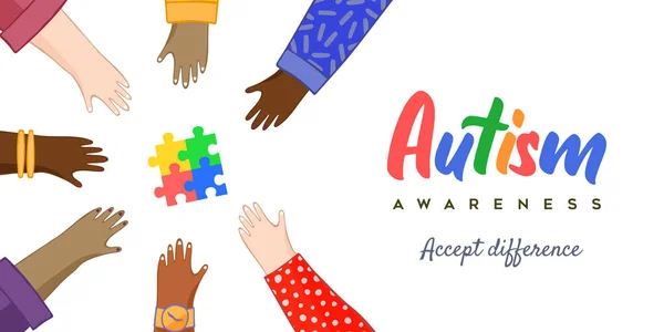 Dzień Świadomości Autyzmu Pozdrowienia Karty Ilustracja Różnych Dzieci Grupy Przyjaciół — Wektor stockowy
