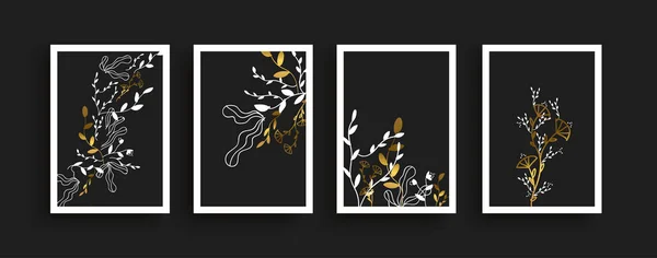 Decorazione Naturale Foglia Vegetale Disegnata Mano Colore Nero Oro Set — Vettoriale Stock