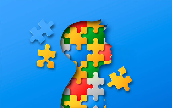 Little boy head profile silhouette made of colorful paper cut puzzle pieces. Children education or psychology illustration concept in realistic 3d papercut style.