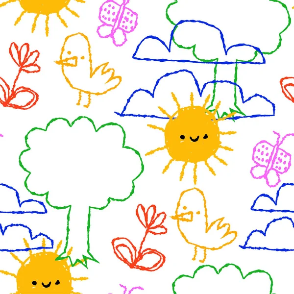 Komik Çocuklar Renkli Doğa Süslemeleri Hayvanlarla Karikatür Desenleri Çizerler Çocuk — Stok Vektör