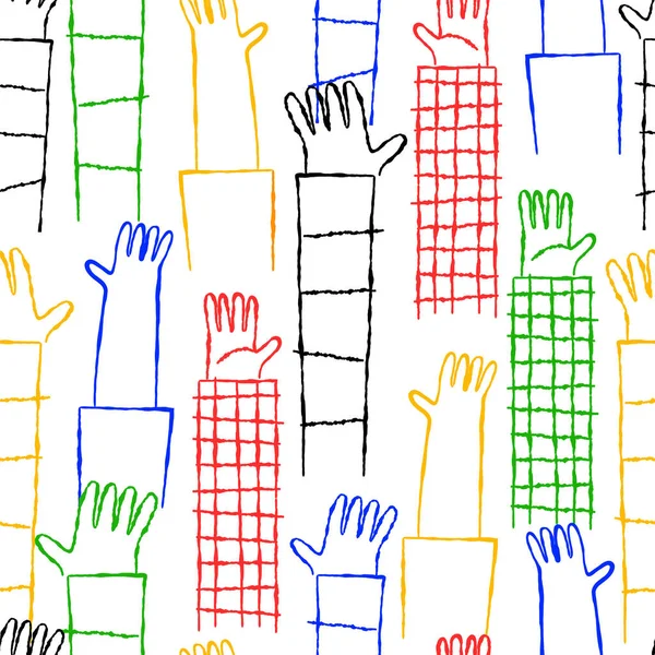Kolorowe Różne Ręce Podniesione Bazgroły Kreskówki Bezszwowy Wzór Ilustracji Dziecięce — Wektor stockowy