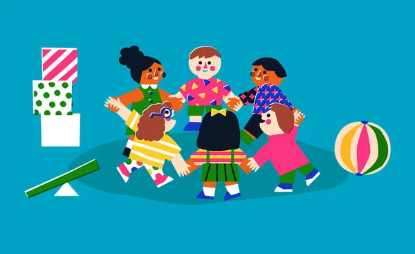 Разнообразная Веселая Детская Дружная Группа Держащаяся Руки Вместе Красочными Играми — стоковый вектор
