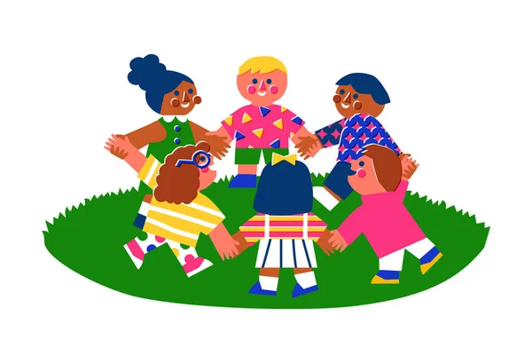 Diverse Happy Children Friend Group Holding Hands Together Outdoors Retro — Stock Vector