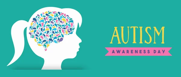 Autyzm Świadomość Dzień Web Banner Ilustracja Dziewczyna Głowa Kolorowym Mózgiem — Wektor stockowy