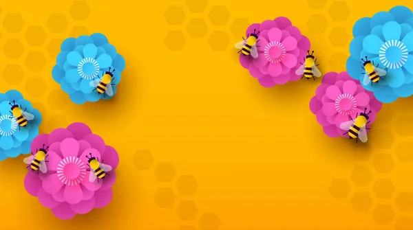 以现代3D纸片切花和蜜蜂昆虫为背景的春季花卉图景 季节性活动或动物保护的空白复制空间模板 — 图库矢量图片
