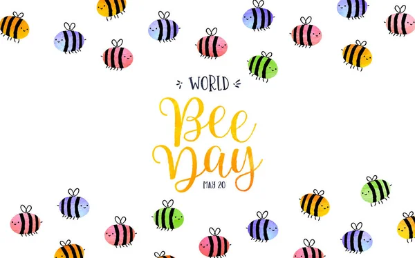 世界蜜蜂日贺卡插图彩色可爱的蜜蜂漫画手绘水彩画风格 环保动物保护假日活动背景 — 图库矢量图片