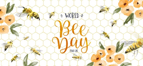 世界蜜蜂日网页横幅插图手绘大黄蜂群黄色春花装饰 保护蜜蜂的环保假日活动设计 — 图库矢量图片