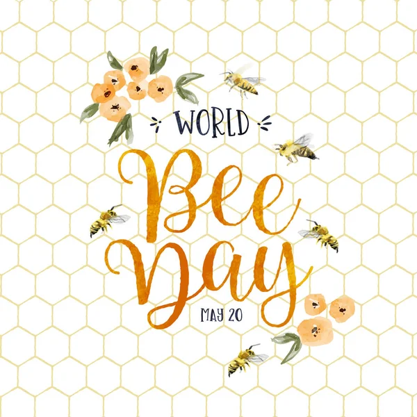 World Bee Day 은노란 용수철 꽃장식을 손으로 호박벌 곤충의 삽화이다 — 스톡 벡터