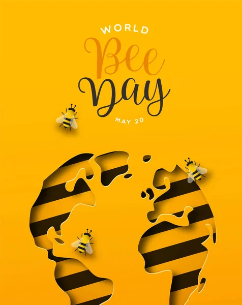 World Bee Day greeting card illustration of paper cut earth planet in modern 3d papercut style. Eco friendly holiday event design for worldwide bees conservation.